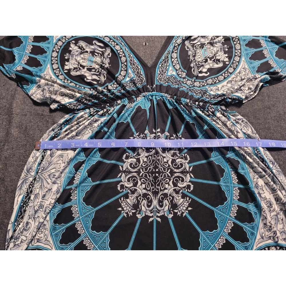 Vintage 90s Y2K Body Central Boho Sleaze V-neck Dress Baroque Teal Motif S/M - Picture 10 of 11